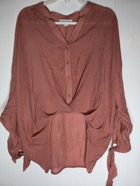 HYFVE Rust Boho Blouse Flowy Tie Sleeve Top Lightweight Gauze Button Front-S